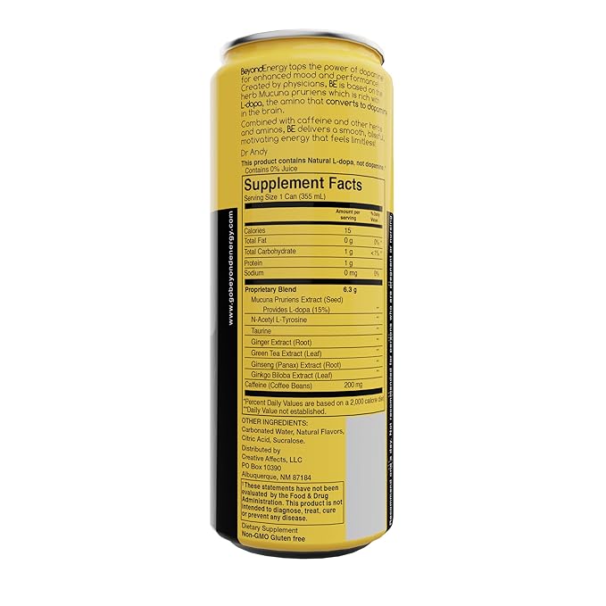 Beyond Energy - 12 Pack - Mango Herbal Energy Drink Naturally Sourced L-Dopa with Mucuna Pruriens Aminos Antioxidants 200mg Caffeine - (Mango)