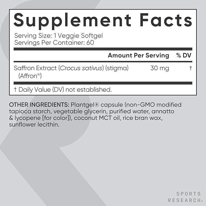 Sports Research® Pure Saffron Supplement 30 mg - Mood &amp Stress Support - Made w/Affron® Saffron Extract - Vegan Certified · Non-GMO · Gluten Free – 60 Veggie Softgels