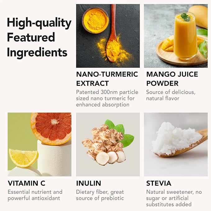 Nano Turmeric Curcumin Drink Powder Supplements–Mango Flavor Daily Morning Routine Immunity Wellness Shot Gut Health &amp Joint Support - No Added Sugar Vegan Gluten-Free Non-GMO28 Sachets
