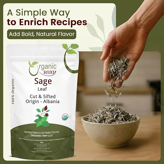 Organic Way Sage Leaf Cut &amp Sifted (Salvia officinalis) | Herbal Tea - European Wild-Harvest | Kosher Certified | Raw Non GMO &amp Gluten Free | USDA Certified | Origin - Albania | 16 Oz (Pack o