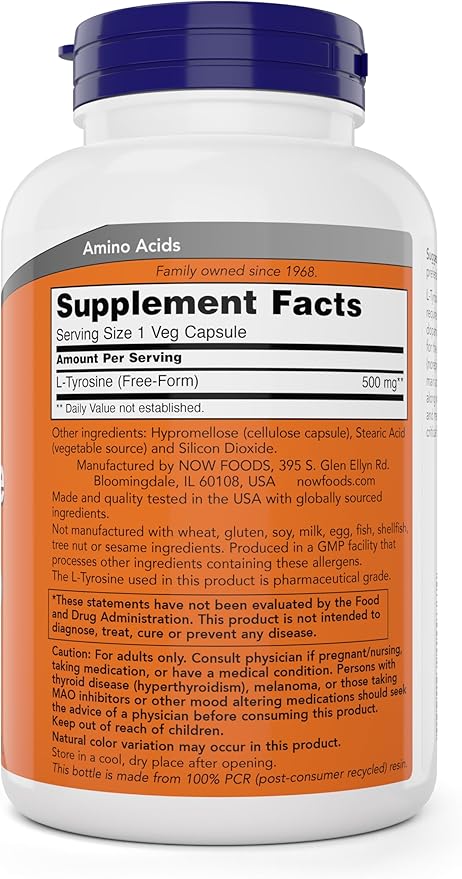 Now Foods L-Tyrosine 500mg 300 Capsules - Non GMO - Supports Mental Alertness - 500 mg Caps - Free Form Supplement