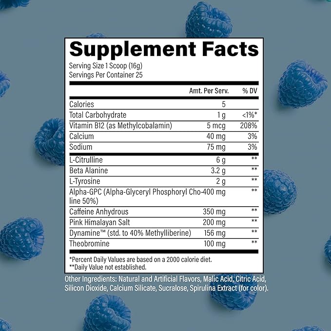 RAW Pre-Workout Powder Essential CHARGED (Blue Rathberry) - Preworkout Supplement for Men &amp Women - Supports Focus Mood &amp Performance - Caffeine Alpha-GPC L-Citrulline Beta Alanine (25 S