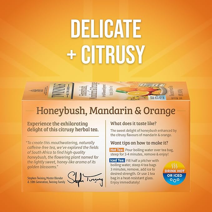 Twinings Honeybush Mandarin &amp Orange Herbal Tea Individually Wrapped Bags 20 Count (Pack of 6) Naturally Caffeine-Free Enjoy Hot or Iced 120 Teabags
