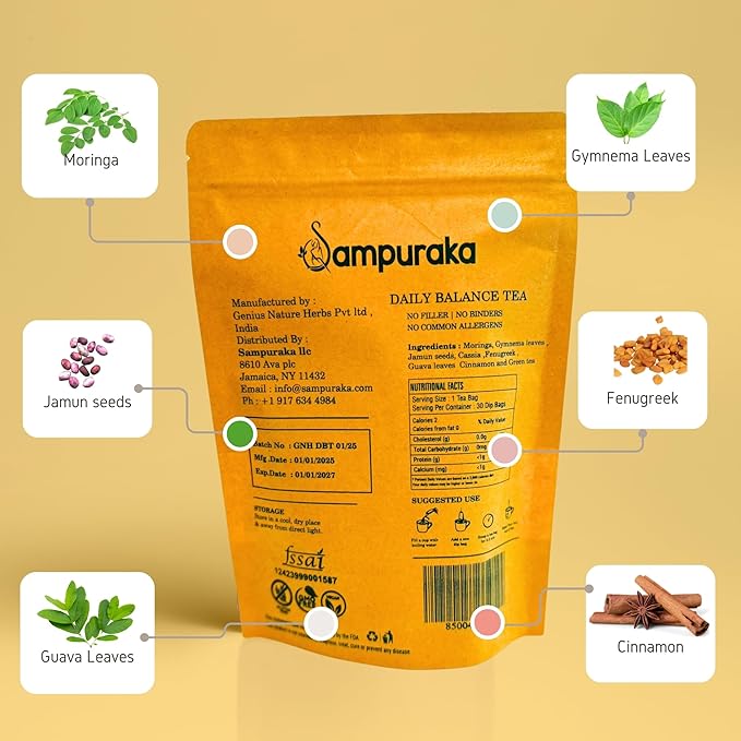 Daily Balance Tea - Natural Herbal Tea with Moringa Gymnema Jamun seeds Cassia Fenugreek Guava leaves Cinnamon - 30 Pyramid bags (2)