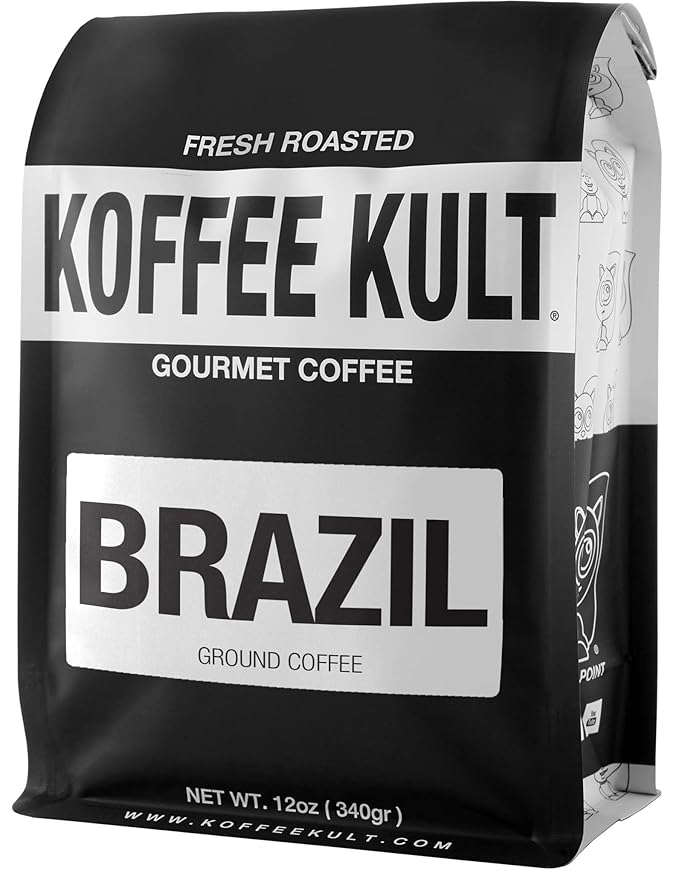 Koffee Kult Medium Roast Ground Coffee - 100% Single Origin Brazil Coffee - 12oz Bag