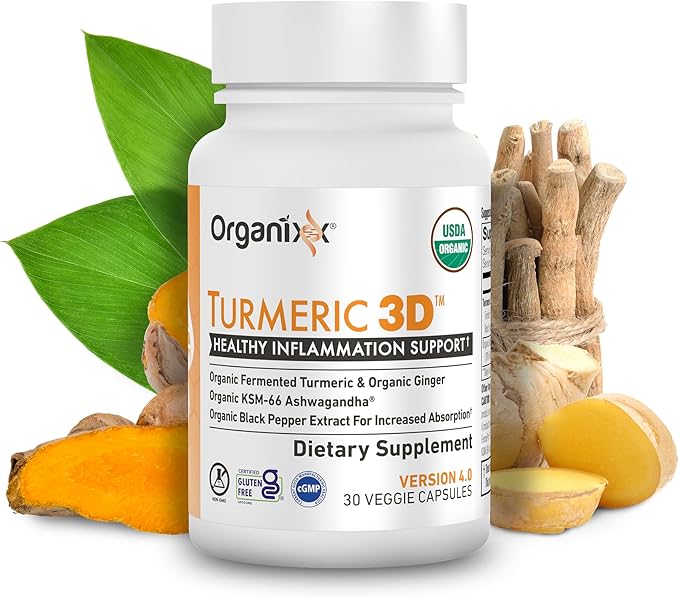 Organixx USDA Organic Turmeric Curcumin Supplement with Ashwagandha Vitamin D Turmeric &amp Ginger – Fermented for Maximum Bioavailability 30 Capsules