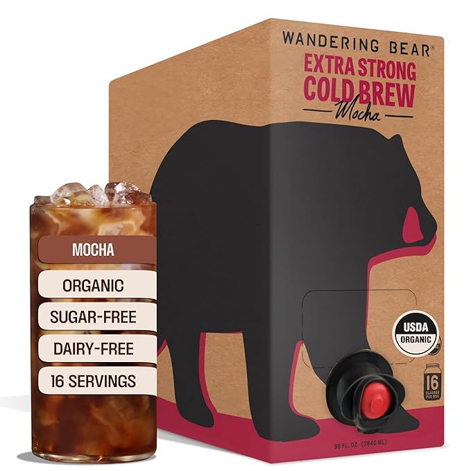 Wandering Bear Organic Mocha Cold Brew Coffee On Tap Iced Coffee Drink - Extra Strong Bold Smooth No Sugar Added Shelf-Stable Ready to DrinkGluten Free &amp Vegan -16 Servings of 6fl.oz -96fl.