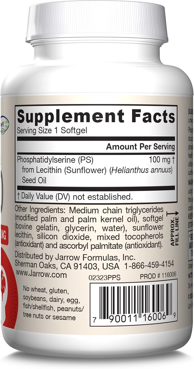 Jarrow Formulas PS100 Phosphatidylserine 100 mg Dietary Supplement for Brain Health and Cognition Support 60 Softgels 20-60 Day Supply Pack of 12