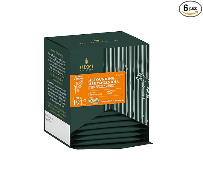 Luxmi Estates Astounding Ashwagandha Root Tea 15 Tea Bags (30g) Pack of 6 Tea Bags with Turmeric Ginger Lemongrass &amp More