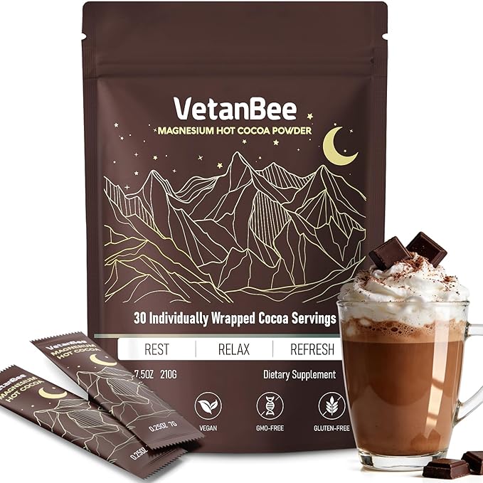 Sleep Cocoa with Magnesium – Sugar-Free Melatonin-Free Bedtime Cocoa Drink for Adults No Caffeine 30 Individually Wrapped Servings (Unflavored)