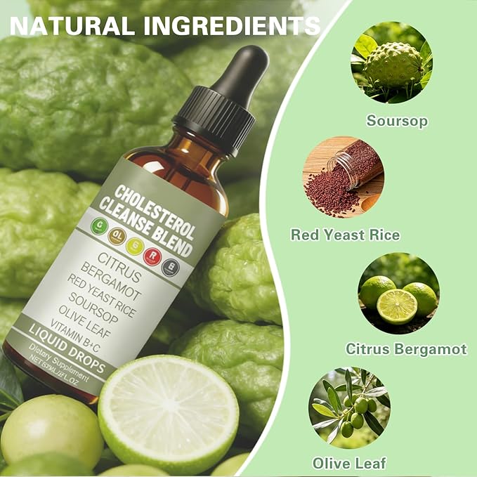 Red Yeast Rice Liquid Drops with Citrus &amp Bergamot | Heart Health &amp Cholesterol Support Formula with Soursop &amp Olive Leaf | Vegan Non-GMO Dietary Supplement 2 fl oz