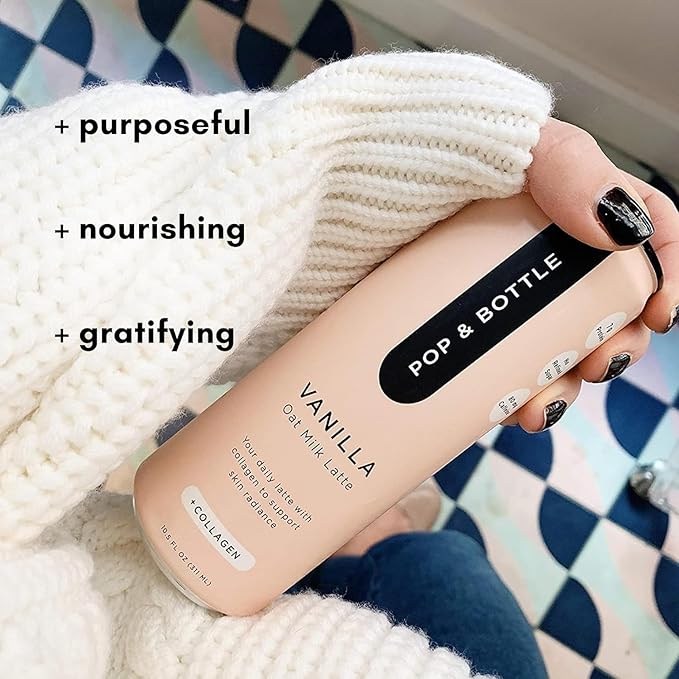 Pop &amp Bottle Vanilla Oat Milk Lattes - Cold Brew Sustainably Sourced Marine Collagen MCT Oil Organic Dairy Free Gluten Free Lightly Sweetened with Dates - 8 Fl Oz (Pack of 10)