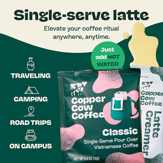Copper Cow Coffee Pour Over Vietnamese Coffee Pouches + Sweetened Condensed Milk Creamers (8 Coffees &amp 8 Milk Creamers) | Classic Black Lattes No Refrigeration Needed Travel Friendly Ground Coff