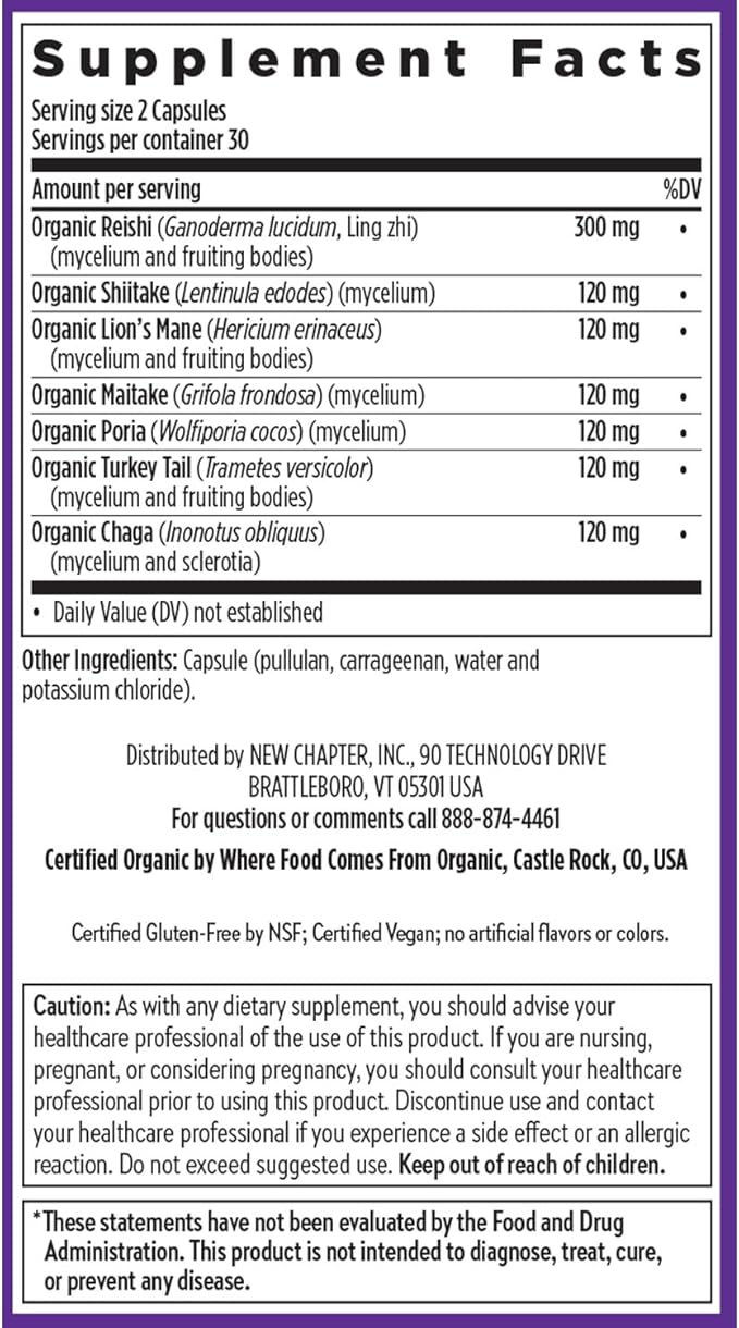 New Chapter Immune Support Reishi &amp Shiitake Mushroom Blend with Organic Reishi Mushroom Vegan + Non-GMO Nootropic Ingredients - 60 ct
