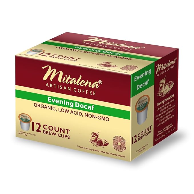 Mitalena Artisan Coffee - Evening Decaf Organic Low Acid Coffee Pods Water Process Naturally Low Acid Compatible with Keurig Coffee Maker Chemical Free 72 K Cups