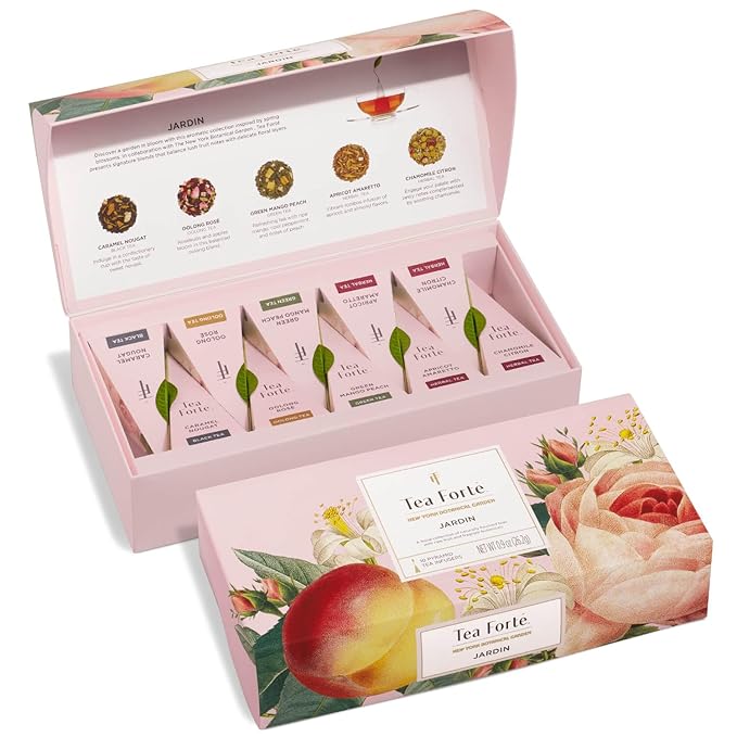 Tea Forte Premium Petite Presentation Box Gift Set Sampler 10 Count 2 of Each Blend Individually Wrapped Handcrafted Pyramid Infuser Bags Jardin