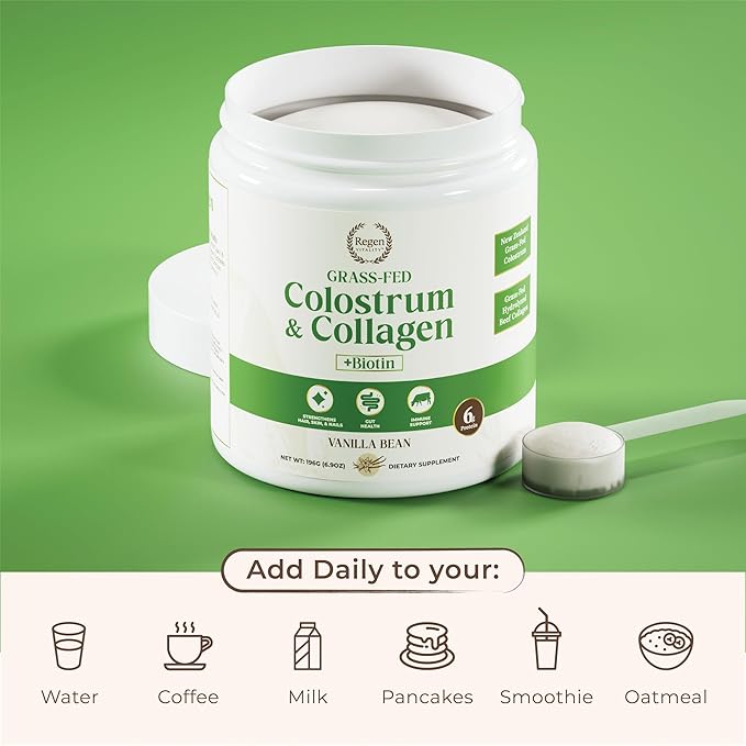 Grass-Fed Colostrum &amp Collagen Powder | Gut Health Hair Skin &amp Joint Support | New Zealand Bovine Colostrum Hydrolyzed Collagen Peptides 300mcg Biotin | Vanilla Bean | 28 Servings