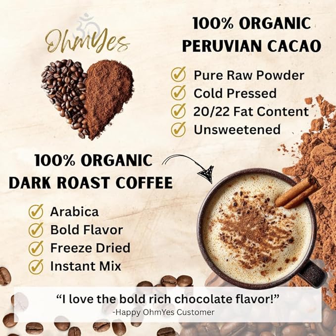 OhmYes Mocha Mushroom Coffee with Pure Cacao | Organic 11 Mushroom Adaptogen Blend (Lions Mane Reishi Chaga Cordyceps) | Premium Chocolate Dark Roast Instant Coffee | Unsweetened | 7oz