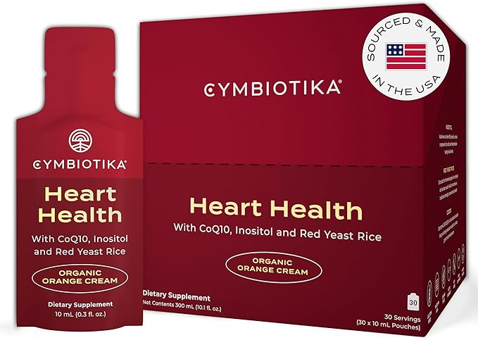 CYMBIOTIKA Heart Health Supplement with CoQ10 Red Yeast Rice &amp Inositol Gluten Free Supplements to Support Circulation &amp Aging Organic Orange Cream Flavor 30 Pack