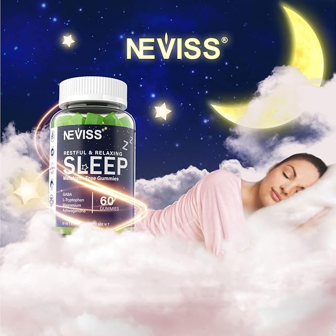 NEVISS Melatonin Free Sleep Aid Gummies for Adults - Magnesium Glycinate Gummies | GABA L-Tryptophan Magnesium Ashwagandha - Non-Habit Forming Help for Deep Relaxation - Vegan Lemon Flavor 2Pack