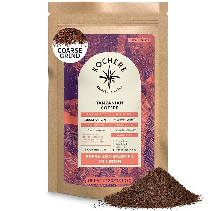 Tanzanian Peaberry Coffee Ground - Single Origin Medium Light Roast Roasted To Order Ground Coffee Specialty Grade Fair Trade and Non-GMO Floral and Fruity Notes - 12 oz