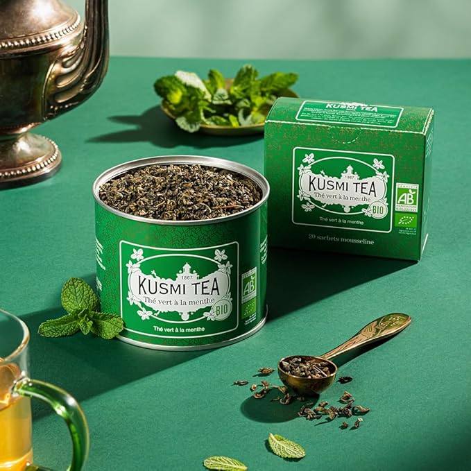 Kusmi Tea - Pack of 2 Boxes of Tea Bags - Spearmint Green - Organic Blend of Gunpowder Green Tea with Mint - Peppermint Tea - Enjoy Hot or Ice - Organic Flavored Green Tea - 2x20 Tea Bags