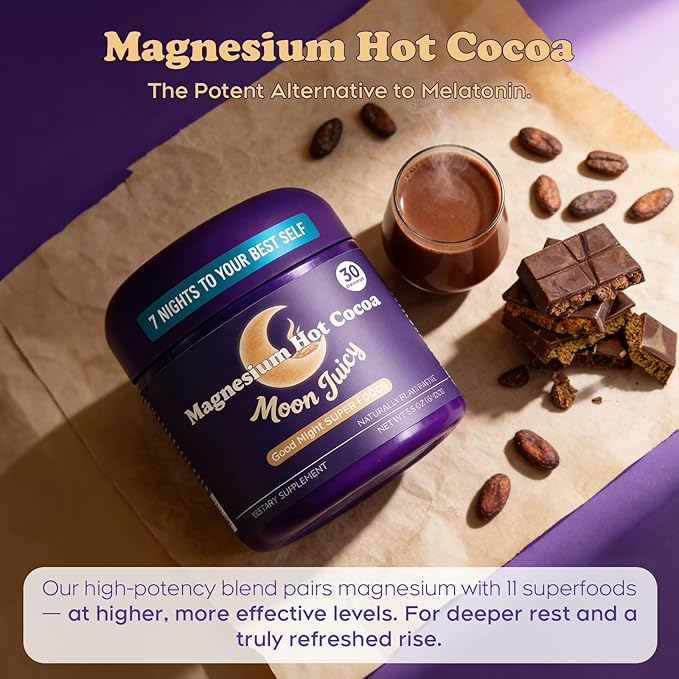MoonJuicy Nighttime Sleep Hot Cocoa Mix for Adults - Natural Magnesium for Sleep &amp Melatonin-Free Aid Powder with L-Theanine Chamomile - Calming Hot Chocolate (30 Servings).