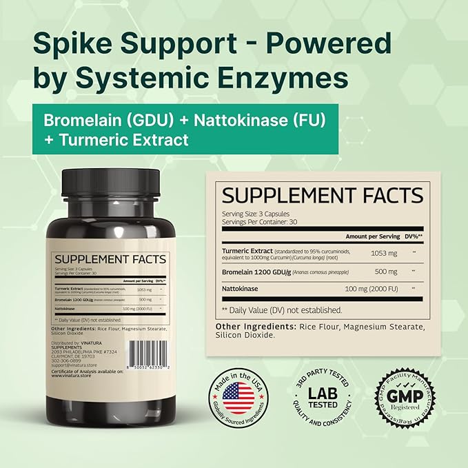 VINATURA Spike Protein Detox - Curcumin 1000 mg Bromelain 500 mg Nattokinase 2000 FU - Enzyme Complex for Detox &amp Protein Balance Ultimate Spike Support Supplement - 90 Capsules