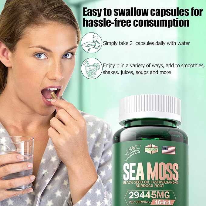 Sea Moss 12000mg Black Seed Oil 6000mg Ashwagandha 3000mg Turmeric 1000mg Bladderwrack 2000mg Burdock 3000mg &amp Vitamin C &amp D3 with Elderberry Manuka Dandelion Yellow Dock Iodine Chlorophyll AC