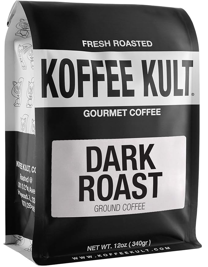 Koffee Kult Dark Roast Ground Coffee - Small Batch Gourmet Aromatic Artisan Blend 100% Arabica Coffee Organically Sourced (Ground 12oz)