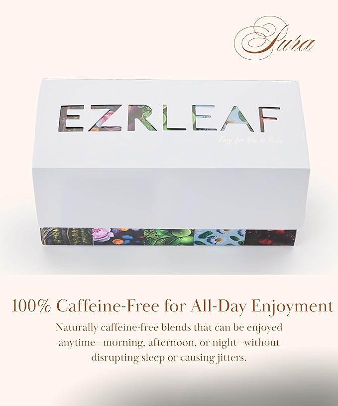 Decaf Herbal Tea Sampler – EZR Leaf 22ct Caffeine-Free Pyramid Bags Assorted Fruit &amp Floral Blends with Lemon Verbena Chamomile Mint Dreamland Roselle – Variety Tea Assotment Gift Set for Tea