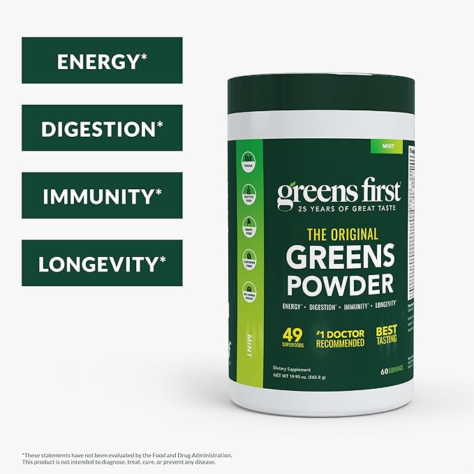 Greens First Original Greens Powder - 49 Superfoods - Organic Fruits &amp Veggies - Prebiotics Probiotics &amp Digestive Enzymes - Antioxidant Smoothie - Dairy Free Vegan &amp Non-GMO (Mint 60 S