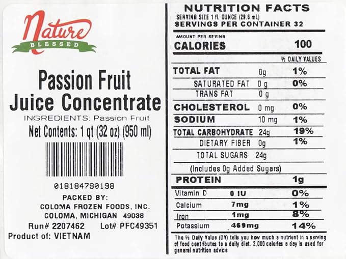 Nature Blessed 100% Pure Passion Fruit Fruit Juice Concentrate - 1 Quart (1/32 fl oz bottle) Applications: Excellent for Home Wine Making Brewing Distilling Smoothies Mead Jelly