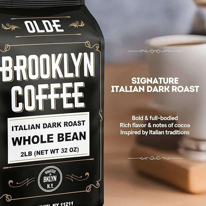 BROOKLYN COFFEE Whole Bean Italian Dark Roast (2lb) Extra Strong Delicious Taste Heavenly Aroma - Fresh Bulk Coffee Beans Roasted Weekly in NYC