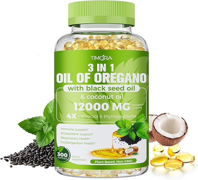 TIMORA 40:1 Oil of Oregano Softgels with Black Seed &amp Coconut Oil 300 Count | 3-in-1 Formula for Digestive &amp Immune Support | Small Easy-to-Swallow Capsules | Plant-Based Non-GMO