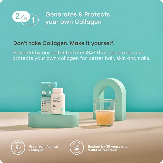 Biosil Collagen Booster Supplement - 120 Vegan Capsules - Patented ch-OSA Activator for Skin Hair Nails &amp Joints - Supports Natural Production - 60-Day Supply
