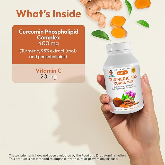 ANDREW LESSMAN Turmeric 400mg - 120 Capsules - 95% Curcuminoids as Phospholipid Complex for Optimum Benefits and Absorption High Potency Standardized Extract Small Easy to Swallow Capsules