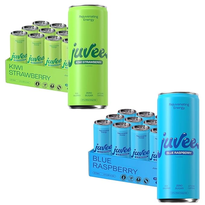 Juvee Rejuvenating Energy Drink Variety Pack – 12 oz Cans Pack of 24 (12 Blue Raspberry + 12 Kiwi Strawberry) – Sugar-Free 128 mg Natural Caffeine Low Calorie Clean Energy &amp Mental Focus Boost