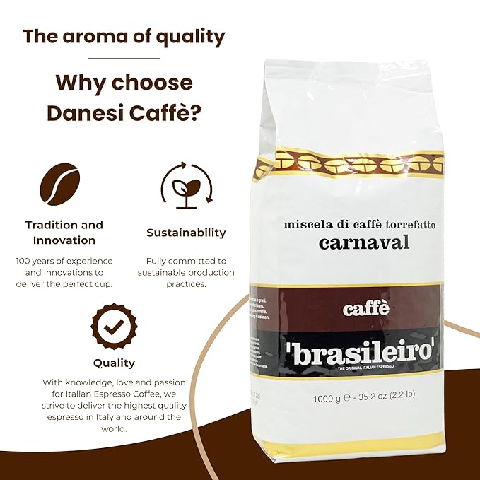 Danesi Caffe Italian Whole Coffee Beans - Espresso Coffee Beans and Medium Roast Whole Bean - Perfect for Espresso Machines French Press and Home Brewing - Brasileiro (2.2 lb)