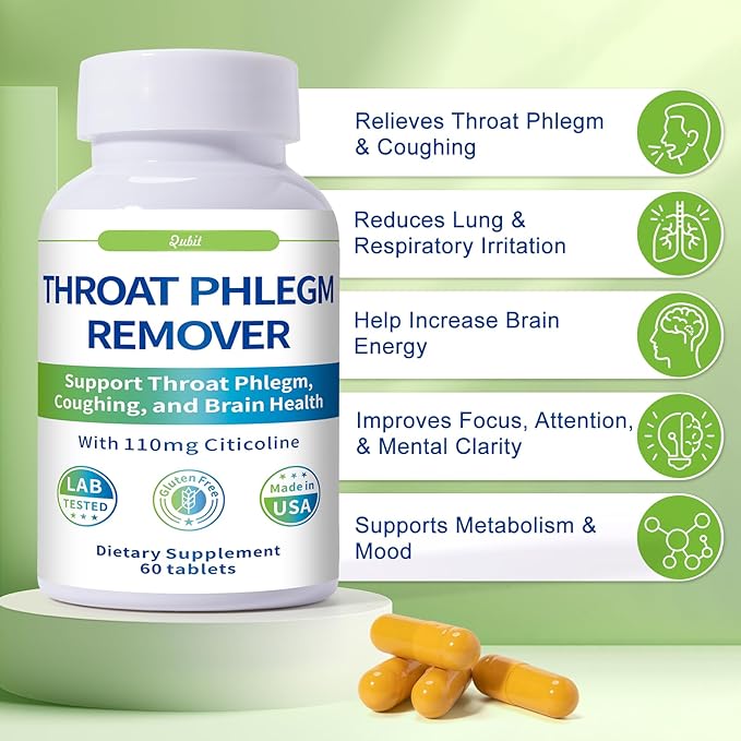 QUBIT Throat Phlegm Support – Fast Relief for Throat Phlegm &amp Coughing – Citicoline Supplement for Mental Clarity Respiratory &amp Brain Health – Non-GMO Gluten-Free 60 Tablets