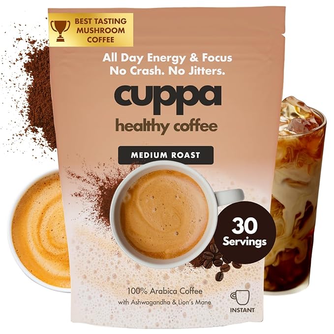 Cuppa Medium Roast Mushroom Coffee with Adaptogens &amp Superfoods - Lion’s Mane Ashwagandha &amp Cordyceps. Adaptogens + MCT to support natural energy mental focus &amp gut health (30 Servings)