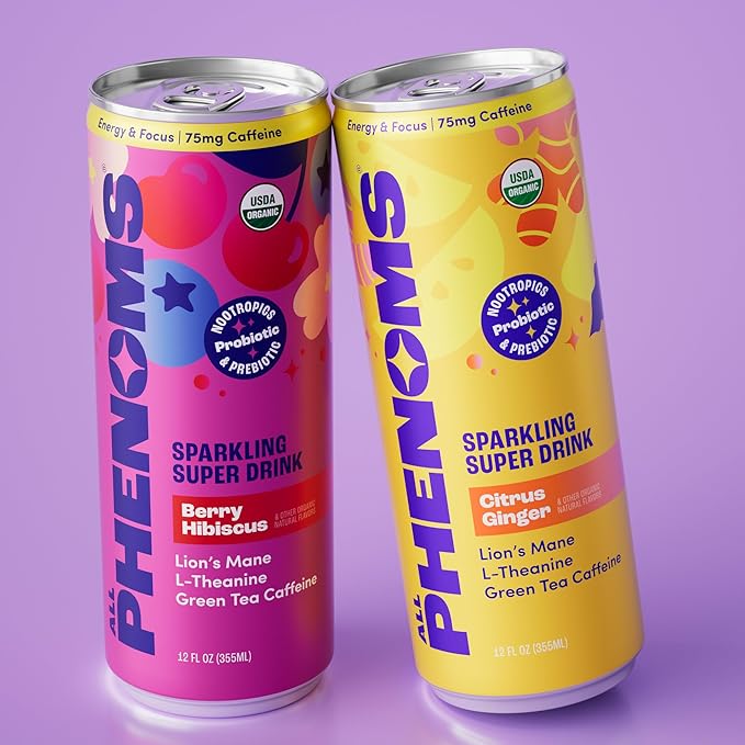 All Phenoms Sparkling Organic Prebiotic &amp Probiotic Drink - Adaptogen Mushroom Blend (Lions Mane &amp Reishi) L-Theanine Caffeine Fiber B12 C Zinc Gluconate (No Stevia) - Variety Pack 12 P
