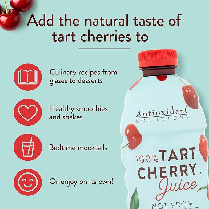 Antioxidant Solutions 100% Tart Cherry Juice - No Added Sugar - High in Antioxidants - 32 fl oz Bottles (6-Pack)