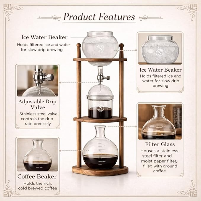 Nispira Cold Brew coffee Maker Ice Coffee Drip Machine with Advanced Slow Drip Technology Borosilicate Glass with Wood Tower 6-8 Cup Brown