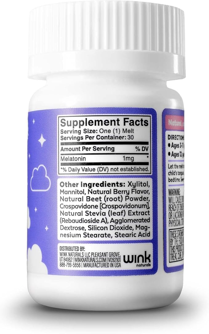 Wink Well Kids Melatonin Chewable Melts-Sleep Aid Chews with Melatonin 1mg- Quick Deep Toddler Sleep Aid Drug-Free-Fast Non-Habit-Forming Child Melatonin Dissolve Tablets- 30 Melts