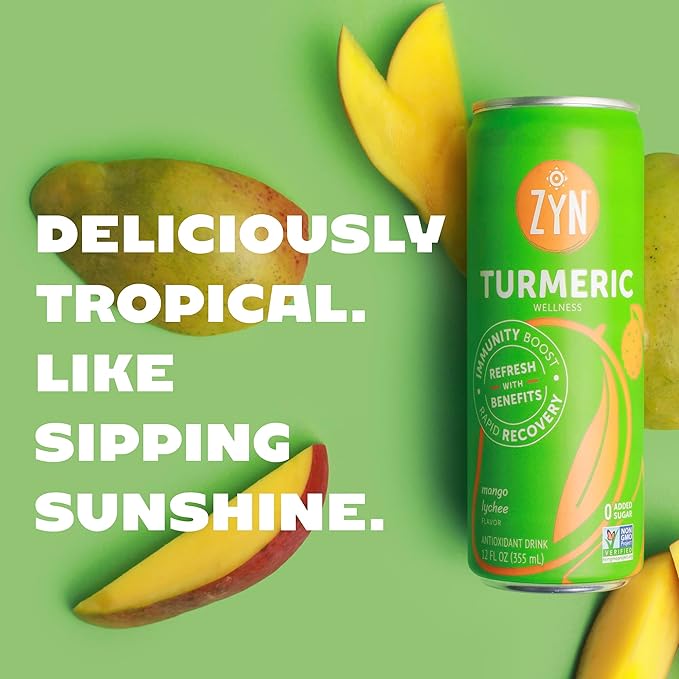 ZYN Turmeric Wellness Drink (6 Pack) Mango Lychee Flavored Turmeric Curcumin with Black Pepper No Added Sugar Low Carb &amp Low Calorie Clean Alternative