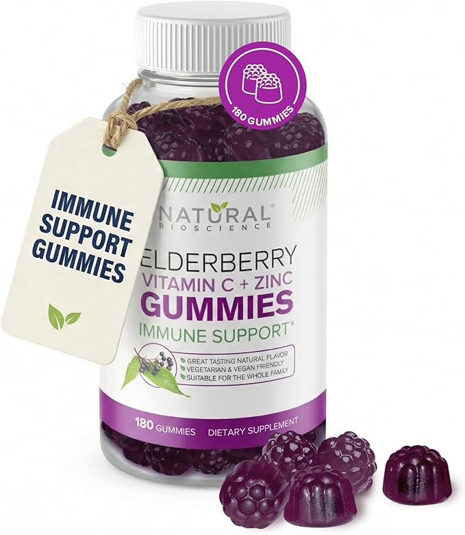 Natural BioScience Sambucus Elderberry Gummies with Vitamin C &amp Zinc Immune Support for Adults &amp Kids Daily Antioxidant &amp Wellness Boost 180 Vegan Gluten-Free Chewable Elderberry Gumm
