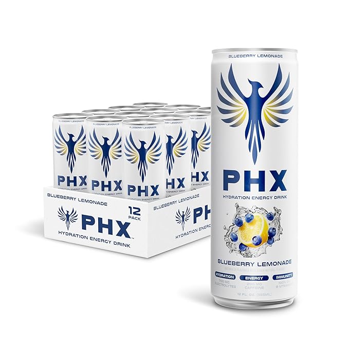 PHX Hydration Energy Drink - 700mg Electrolytes 200mg Natural Green Tea Caffeine 100% Daily Value 8 Essential Vitamins - 12 oz Cans (12 Pack) (12 Pack Blueberry Lemonade)