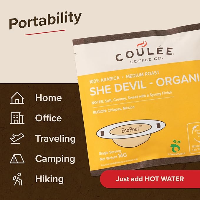 Coulée EcoPour Coffee Variety Pack Single Serve Pour Over Coffee Use for Camping or Traveling Pre Filled Compostable Filters Ready to Brew with Hot Water Includes 4 Flavors 20 Pack