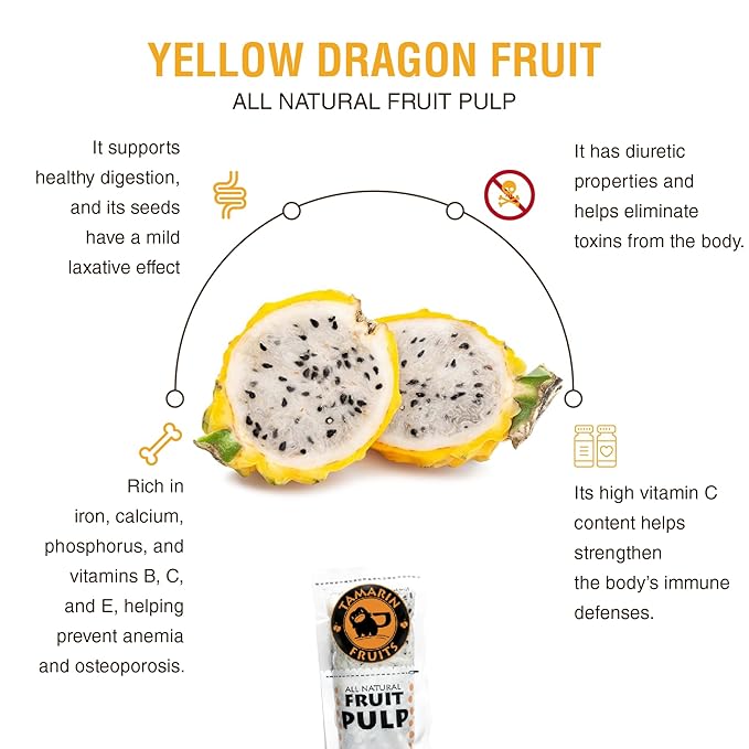 Tamarin Fruits All Natural Frozen Fruit Pulp perfect for Juicing Cocktails Smoothies Desserts and Baking No Sugar Added Gluten Free with No Preservatives - (Yellow Dragon Fruit 3.2oz each)